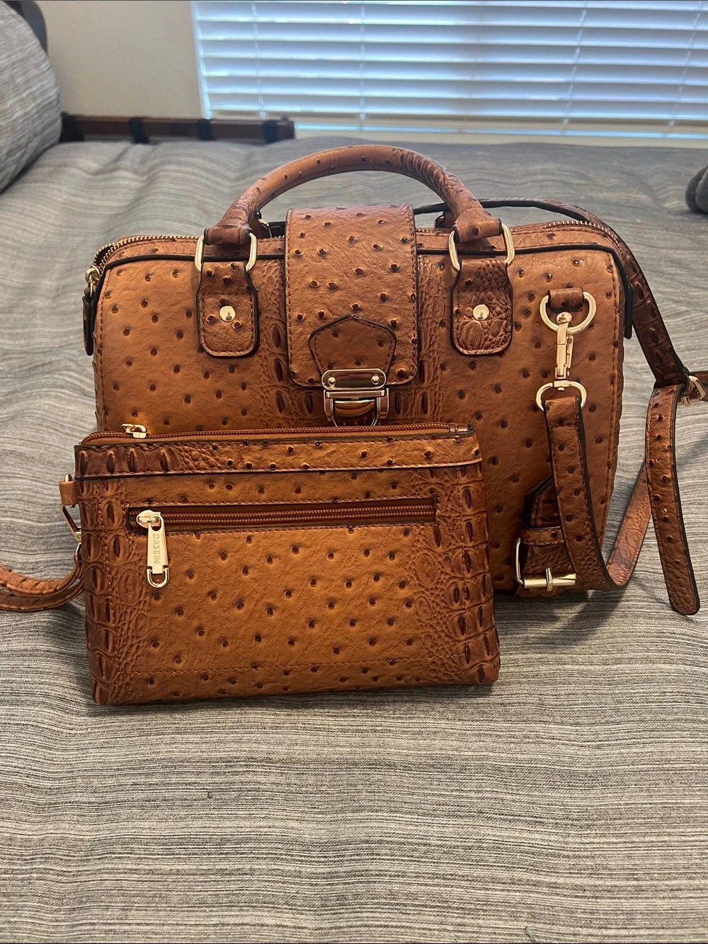 Structured Cognac Faux Ostrich & Croc Satchel with Gold Hardware